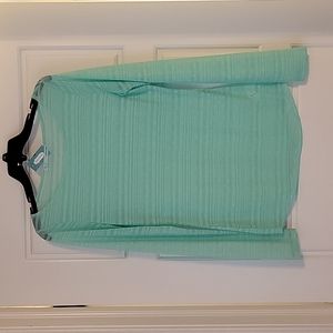 Dainty, Sheer Long-Sleeve Teal Shirt with Stripe and Dot Detail, Size Medium.